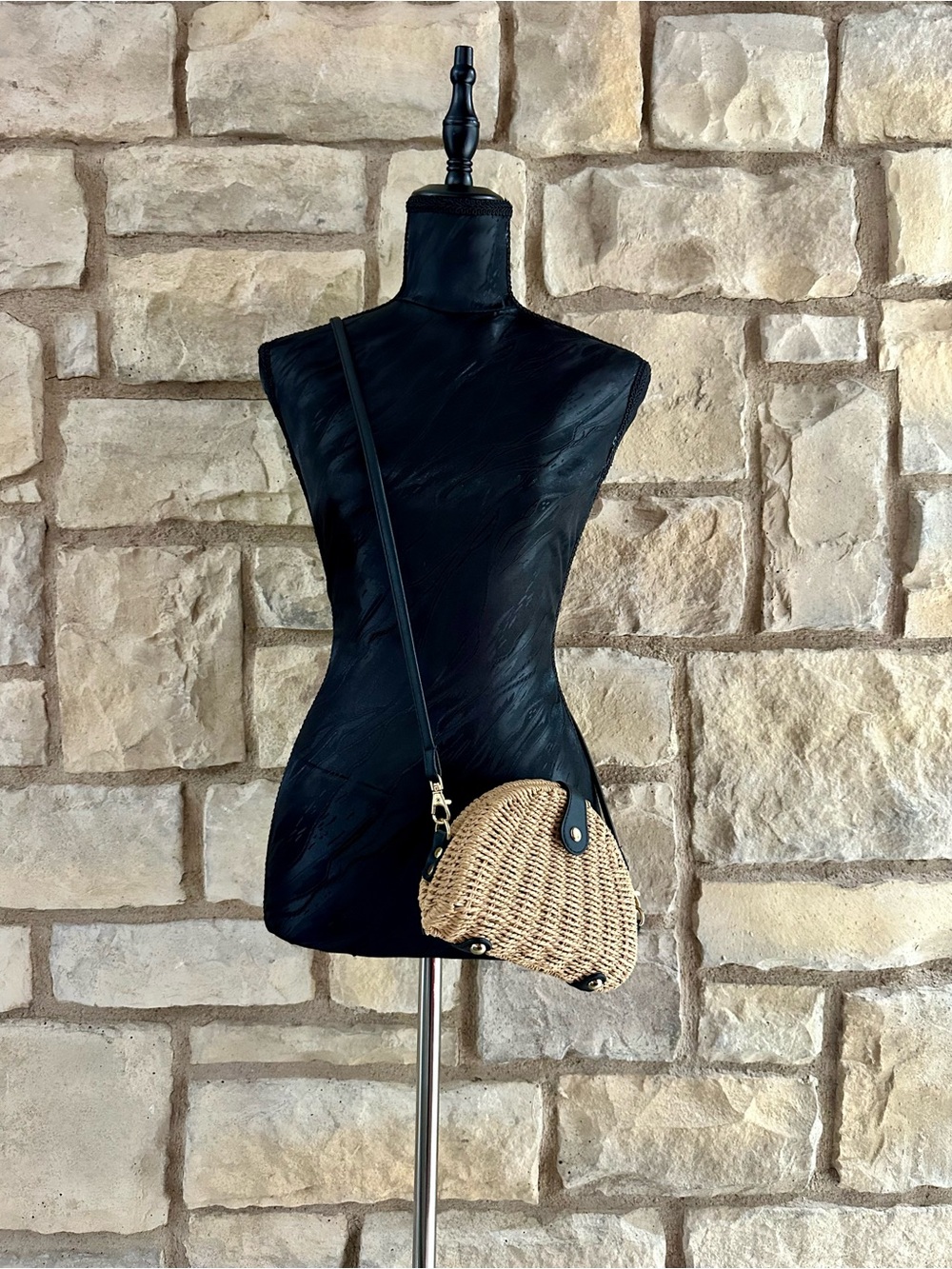 Woven Straw Crossbody Bag with Black Trim and Strap